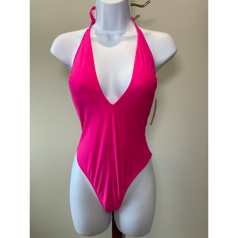 Pink Low Cut V‑Neck One‑Piece Swimsuit Size M NWT